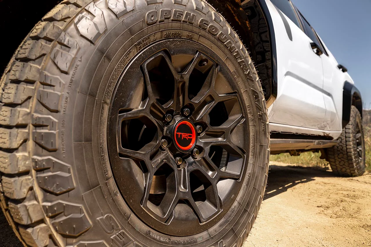 Toyota TRD alloy wheels and all-terrain tires engineered for trail traction